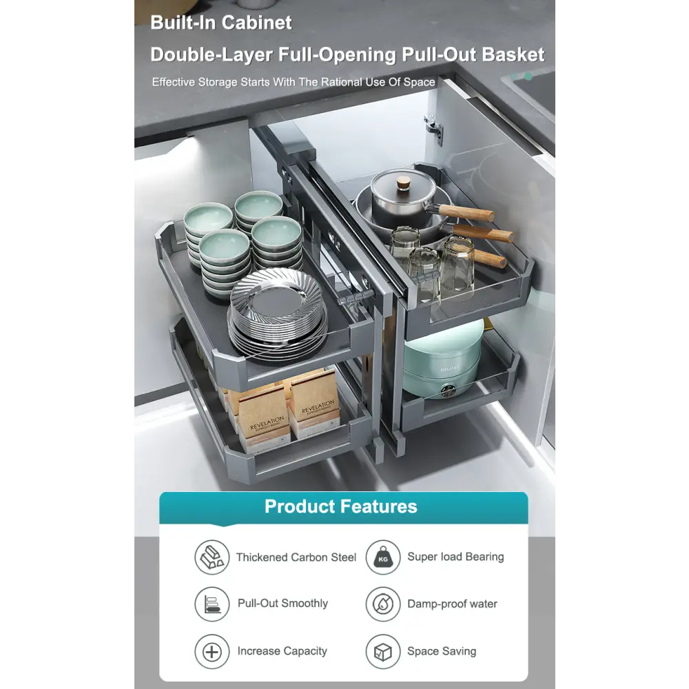 Pull Out Basket - Frameless Cabinet - Grey - Corner Base Cabinet Organizers