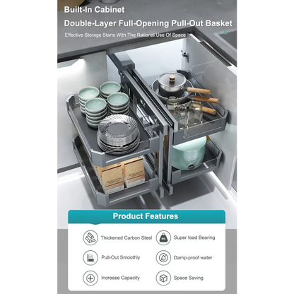 Pull Out Basket - Frameless Cabinet - Grey - Corner Base Cabinet Organizers